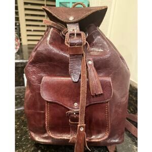 Vintage Handmade Brown Leather Backpack with Tassel Accents – Boho Rustic Style